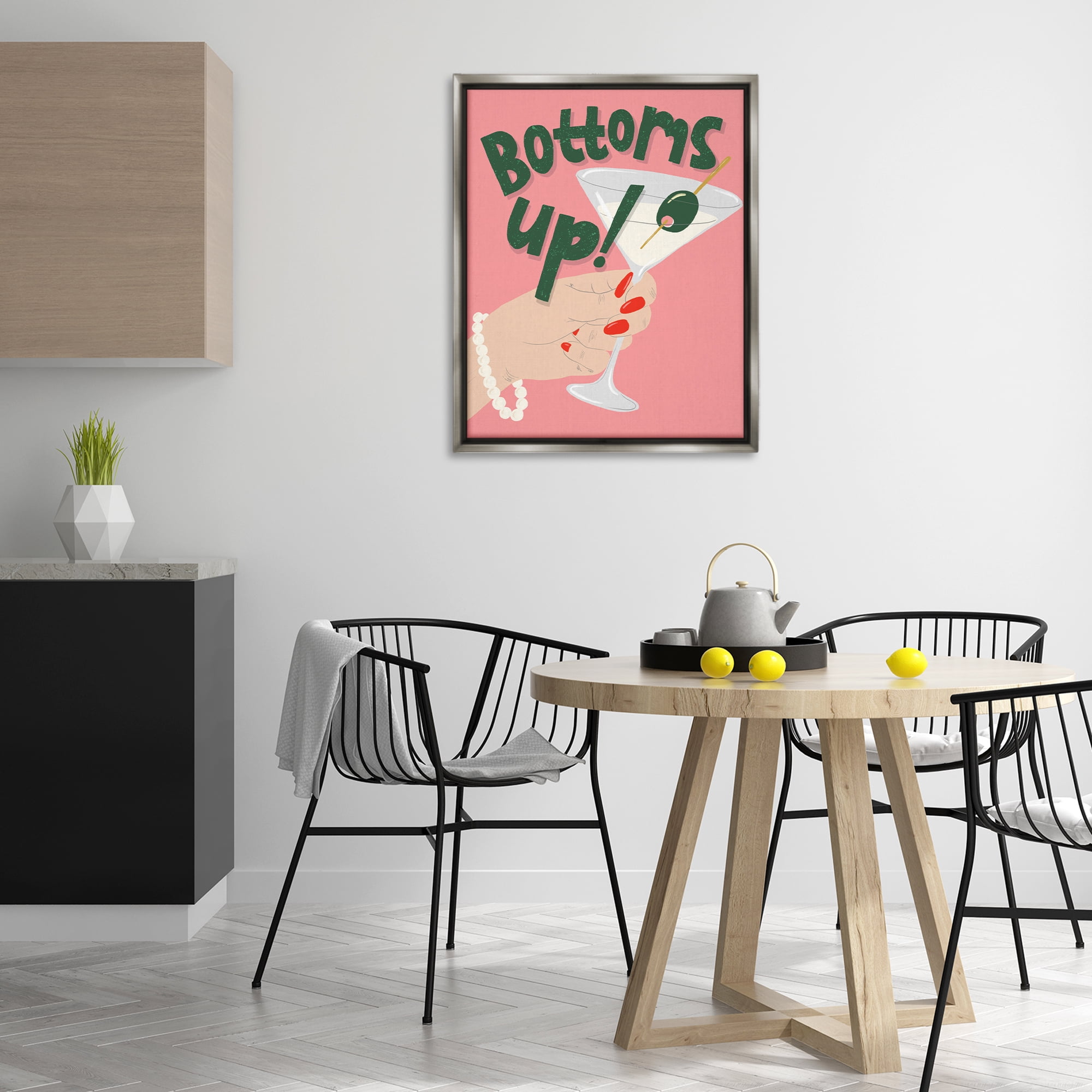 Stupell Industries Bottoms Up with Martini Food & Beverage Painting Gray Floater Framed Canvas Art Print Wall Art, 25 x 31