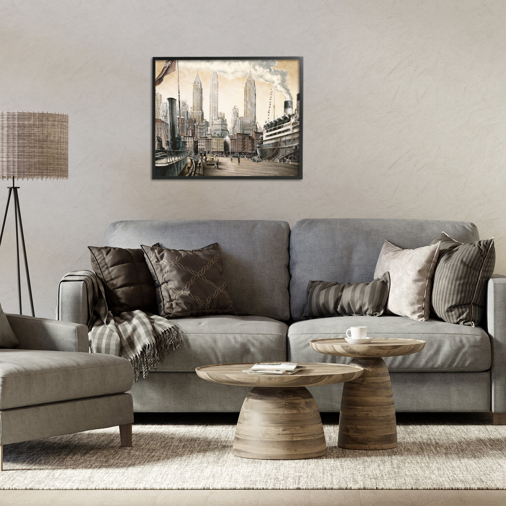 Stupell Industries Urban Boat Harbour Scenery Painting Black Framed Art Print Wall Art, 30 x 24