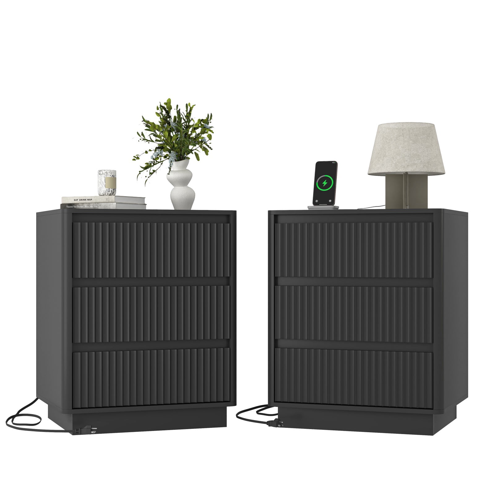Hommoo Modern Wood 3-Drawer Fluted End Table Set of 2, Bedside Table Nightstand Set with Fast USB Charging Station, for Living Room,Bedroom,Office, Black
