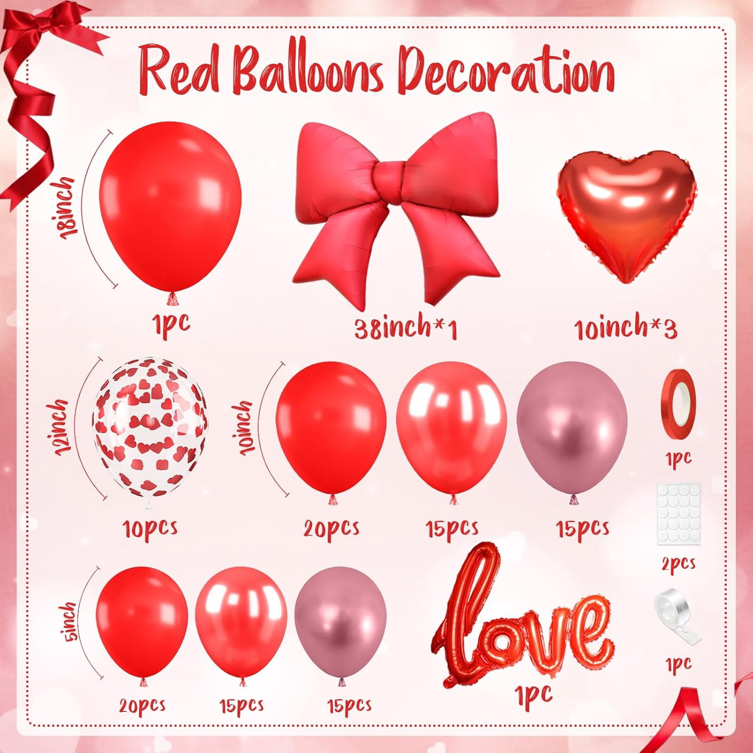 Red Balloons Arch Kit, Metallic Red Pearl Balloon Garland Arch, Heart Confetti Balloons Bow Heart Love Foil Balloon For Valentine's Day Birthday Party Wedding Engagement Decor