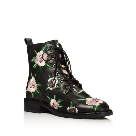 REBECCA MINKOFF Womens Black Floral Lace Up Embroidered Padded Gerry Round Toe Wedge Zip-Up Leather Dress Combat Boots 6 M