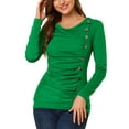thumbnail image 6 of INSPIRE CHIC Women's Cowl Neck Long Sleeves Buttons Decor Ruched Top for Casual Wear S Shamrock Green, 6 of 8