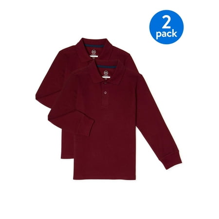 Wonder Nation Boys School Uniform Long Sleeve Pique Polo Shirt, 2-Pack Value Bundle, Sizes 4-18