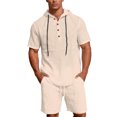 thumbnail image 2 of Yaoyar Mens Hooded Linen Outfits 2 Piece Short Sleeve Hoodie Henley Shirt And Beach Shorts Set Casual Summer Matching Set, 2 of 9
