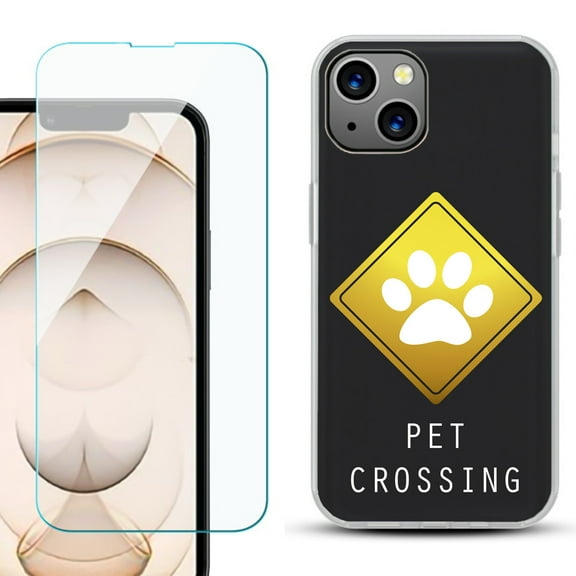 Slim-Fit Flexible TPU Gel Phone Case for iPhone 13, with Tempered Glass Screen Protector, by OneToughShield ® - Pet Crossing