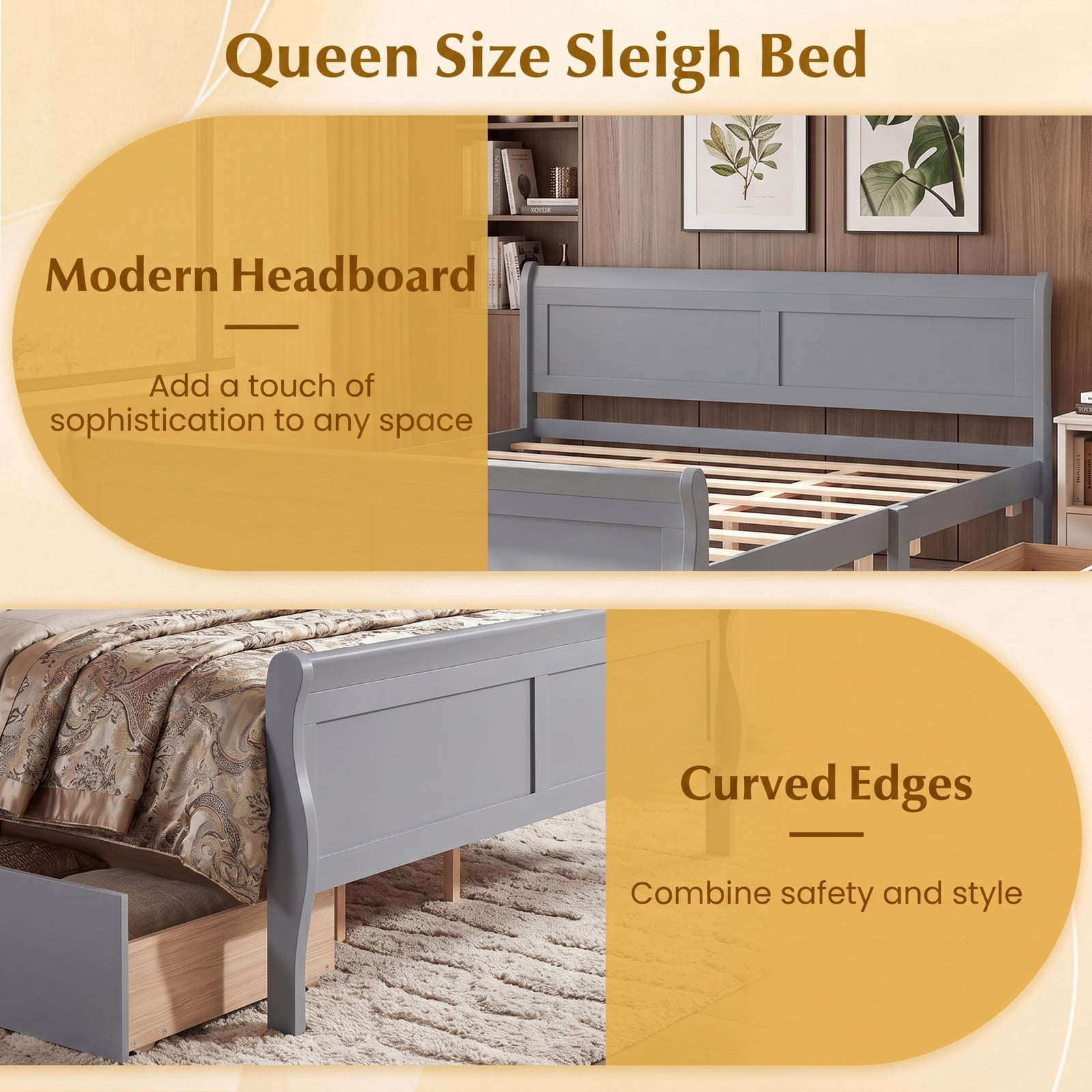 Furnibear Queen Bed Frame, Wood Bed Frame with 2 Storage Drawers Headboard and Footboard, Queen Bed Frame with Headboard for Bedroom, Gray