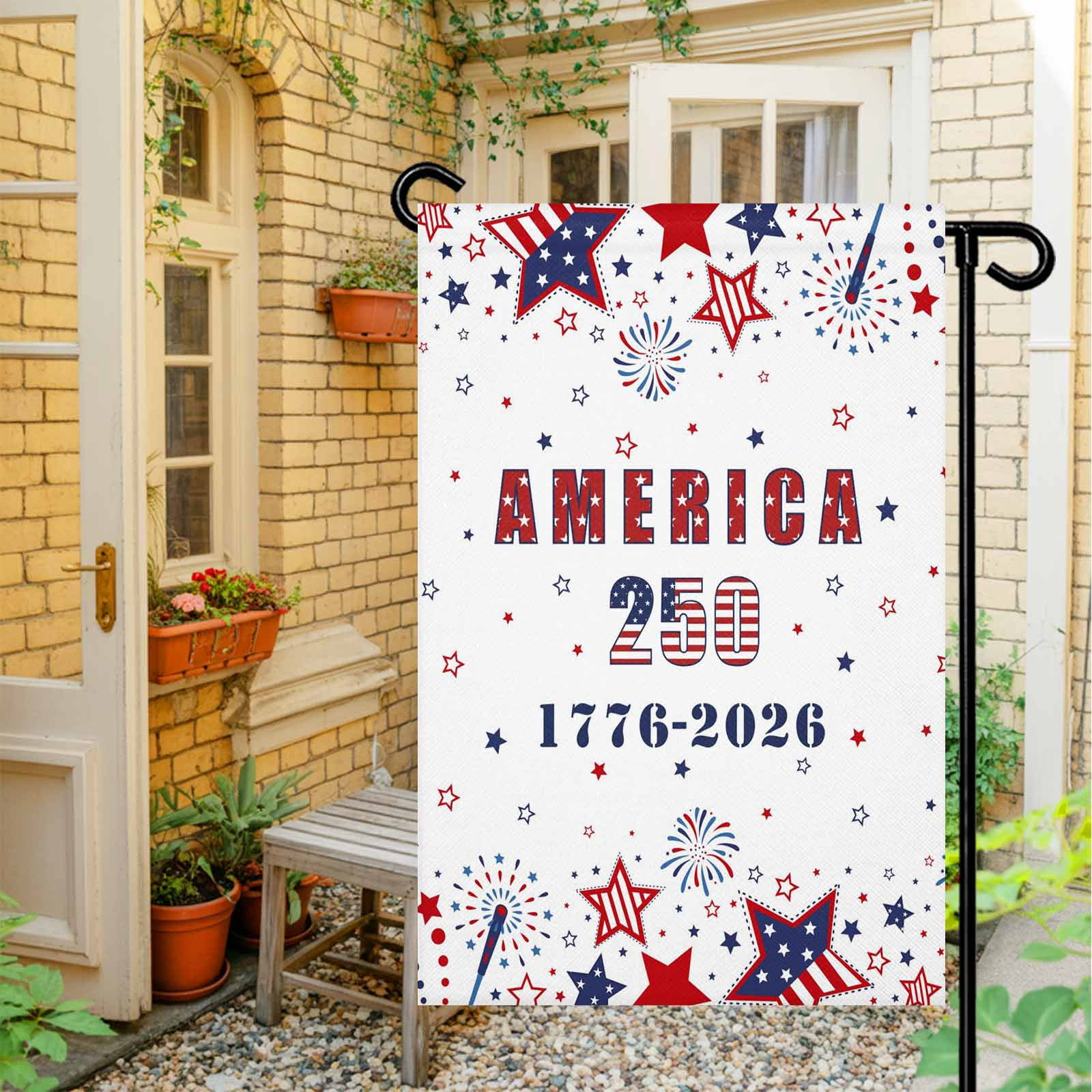 4th of July Garden Flags Patriotic Stars Fireworks Garden Flag Double Sided Welcome Flag America 250th USA Flag Independence Day Yard Flags for Outdoor Lawn Porch Memorial Day Decor 28x40 Inch