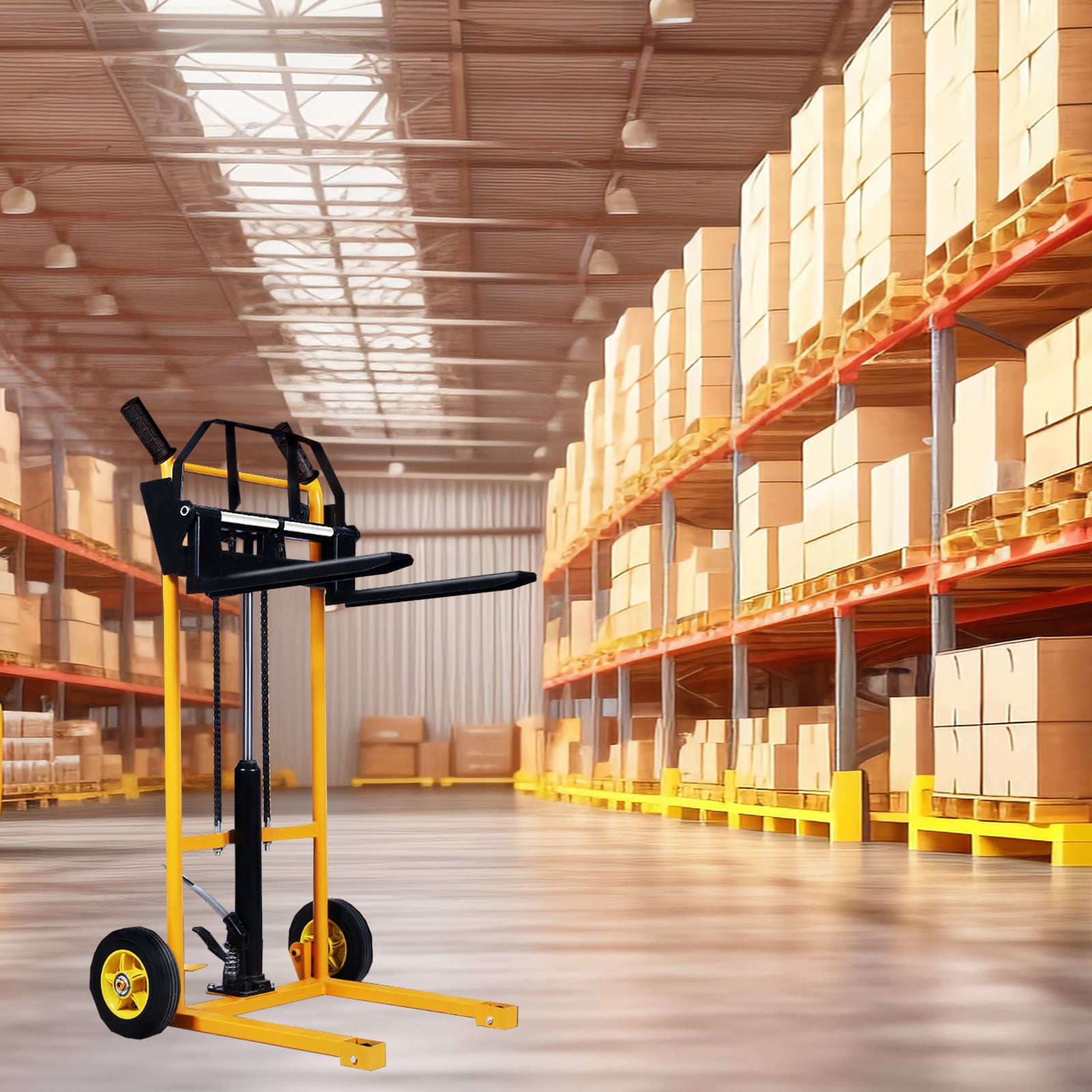 Small Manual Forklift Hydraulic Stacker, Portable Material Lift Truck with Adjustable Forks and Fixed Legs, 440 Lbs Straight Wheel Stacker Truck (Without Pallets)