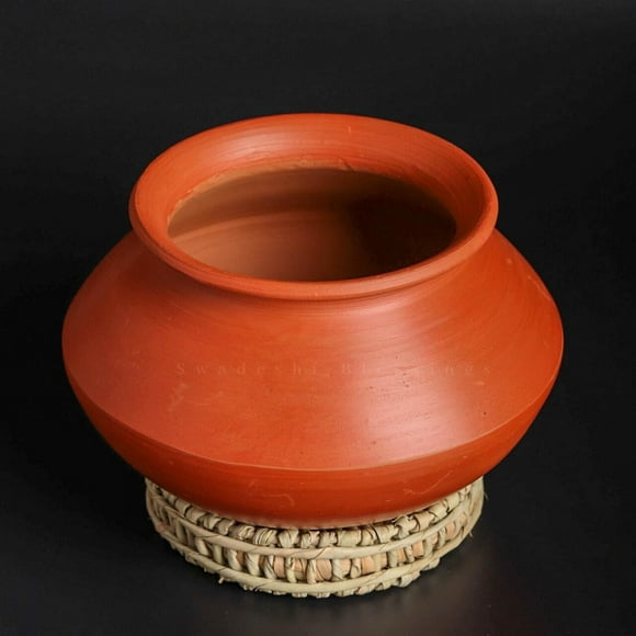 Exclusive Range Unglazed Mud Earthen Handi 2 Liters | Mitti Ke Bartan - Clay Pot For Cooking & Serving, Stone Polished For Mirror Finish + Free Ash For Cleaning, Red-Ochre (Gerua)