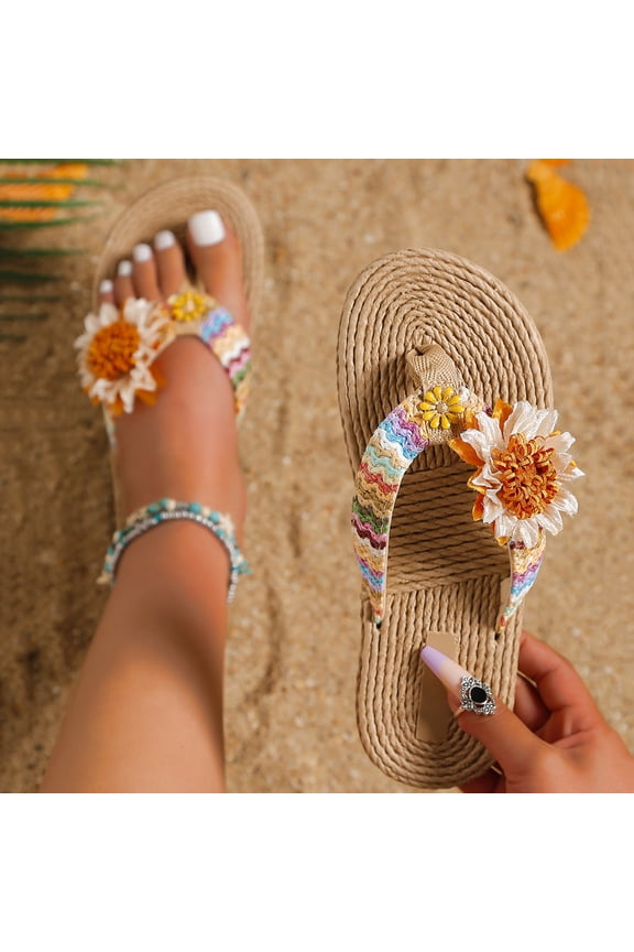 Bohemian Floral Flip Flops with Multicolor Woven Straps for Beach Vacation Yellow 39