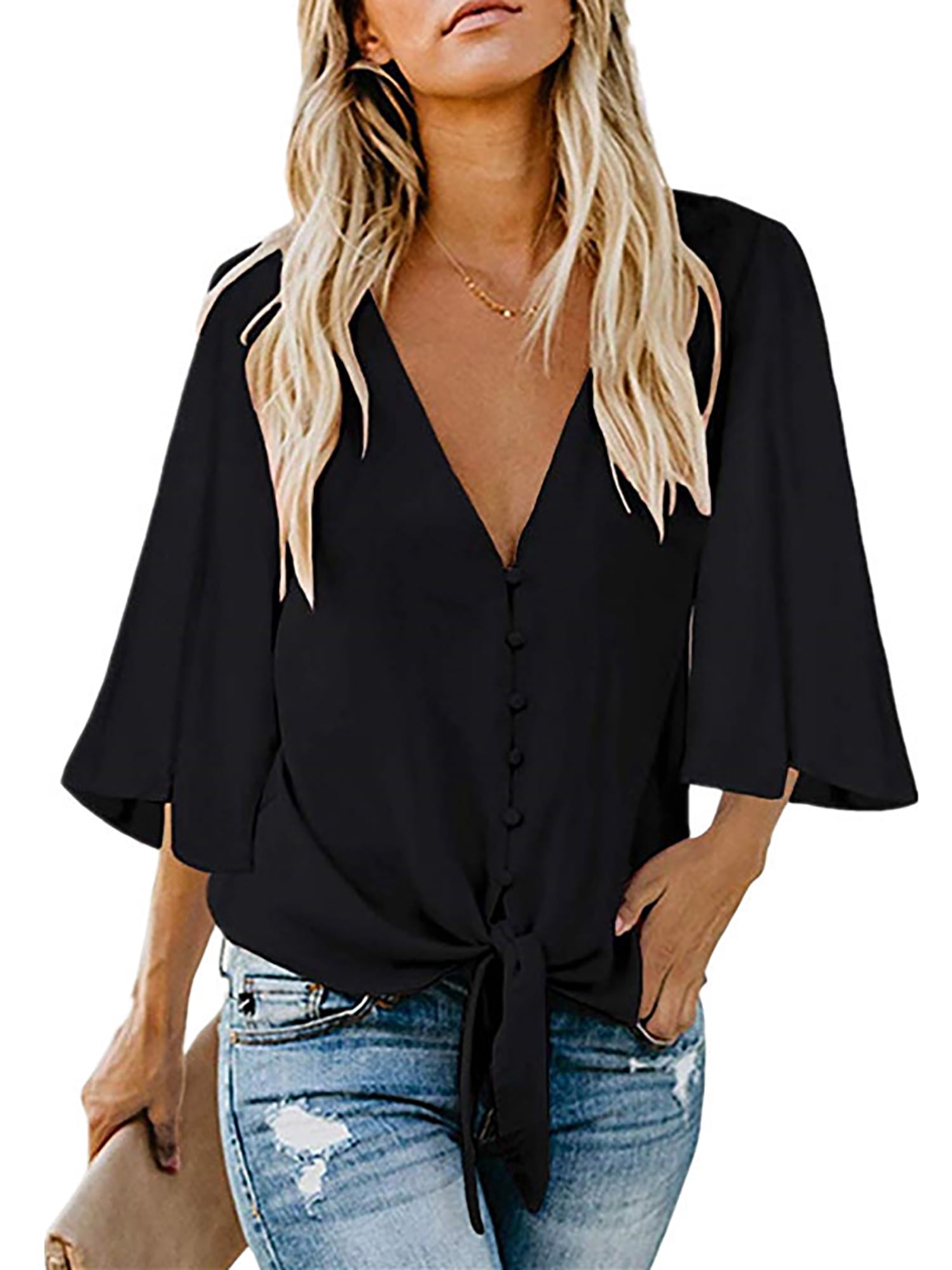Solid Color Tie Knot Tops for Women Summer Casual 3/4 Sleeve V Neck T