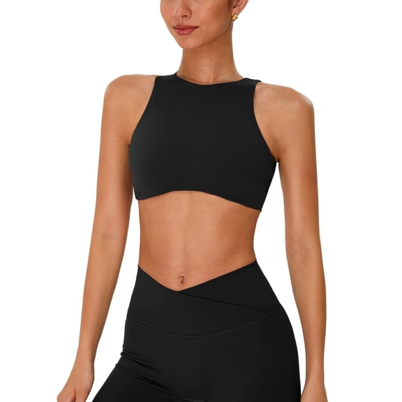 IDOPIP Womens High Neck Sports Bra Removable Pads Cut Out Back Sleeveless Medium-impact for Workout Gym Yoga Pilates Athletic S Black