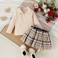 thumbnail image 3 of GYRATEDREAM Toddler Baby Girls Skirt 3Pcs Set Little Kids Lapel Long Sleeve Pit Strip Ribbed T Shirt Top Plaid Pleated Mini Skirt with Belt Outfits Fall Winter Clothes for 12 Months-5 Years Beige, 3 of 8