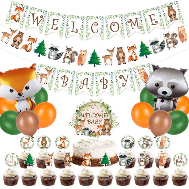 1 juego de decoración de cumpleaños – bandera de animales del bosque, 1 juego de decoración de fiesta, pancarta de cumpleaños, decoración de tartas, suministros de cumpleaños, para decoración de fiesta de cumpleaños de niños JM