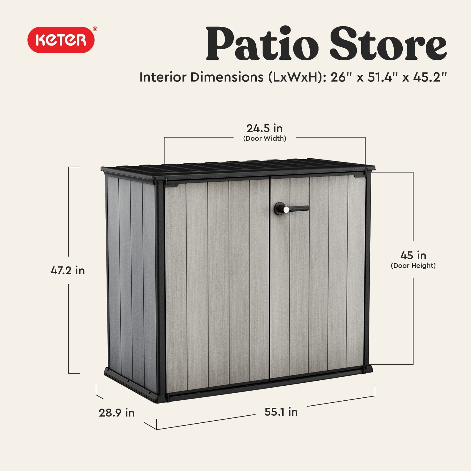 Keter Patio Store 4.6 x 2.5 Foot Resin Outdoor Storage Shed with Paintable and Drillable Walls for Customization-Perfect for Yard Tools and Pool Toys, Grey