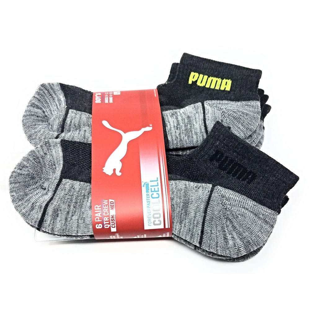 PUMA Puma CoolCell 6 Pair Quarter Crew Cushioned Boys Socks, Grey