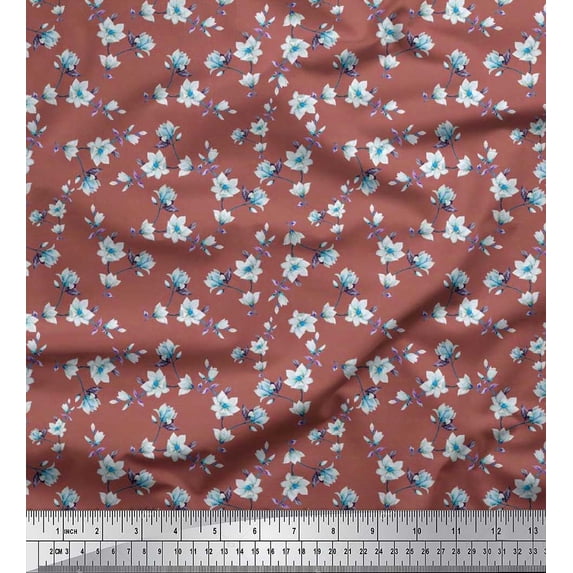 Soimoi Japan Crepe Satin Fabric Leaves & Magnolia Floral Printed Fabric 1 Yard 42 Inch Wide