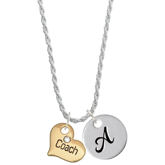 Delight Jewelry Goldtone Large Coach Heart with Crystal - Silvertone Script Initial Disc - A - Charm Necklace, 20" 3"