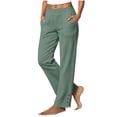 thumbnail image 2 of Summer Women Straight Leg Linen Pants Elastic Waist Side Pockets Button Hem Slit Breathable Lightweight Casual Ankle Length Trousers Green M, 2 of 6