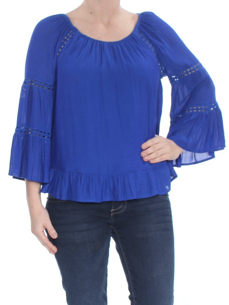 INC INC Womens Blue Tiered Sleeve Ruffled Peasant Bell Sleeve Scoop