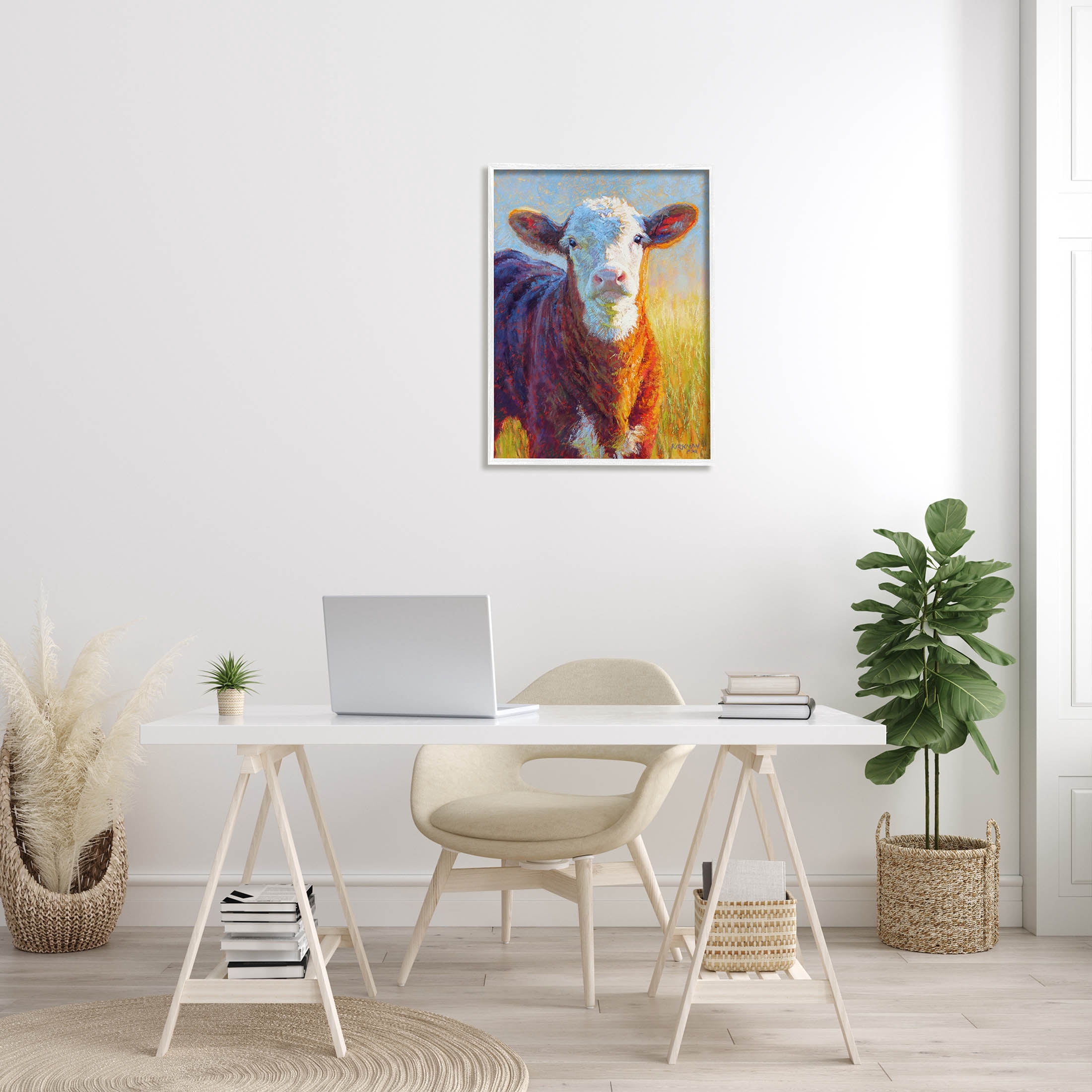 Happy Cow Farmhouse Grassland Animals & Insects Painting White Framed Art Print Wall Art