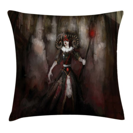 Gothic Throw Pillow Cushion Cover, Medieval Evil Woman Horns Mask Witch Myth Fantasy Old Fashion Scary Watercolor, Decorative Square Accent Pillow Case, 16 X 16 Inches, Black Red Grey, by Ambesonne