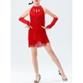 thumbnail image 2 of Alvivi Kids Girls Latin Ballroom Dancing Outfits Sleeveless Tassels Fringed Leotard Dresses with Gloves Red 7-8, 2 of 7