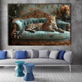 thumbnail image 5 of Mudket Leopard on Teal Floral Vintage Carved Sofa Canvas Wall Art, French Country Wall Pictures for Living Room Print for Apartment Home Decor , Framed Ready to Hang - 12"L x 8"W, 5 of 9