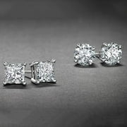 BEDAZZLED BIJOU White Gold Plated Stud Earrings Cubic Zirconia Round And Princess Cut 2PC CZ Earrings Set