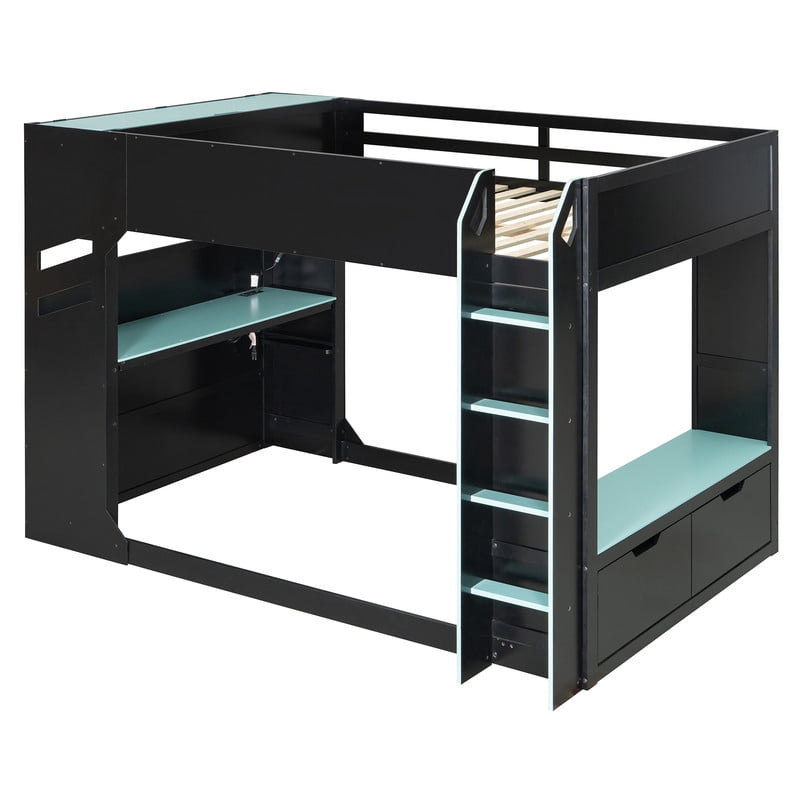 Full Size Wood Loft Bed with Height Adjustable Desk, RGB LED Lights & Storage Drawers, Gaming Loft Bed Frame with Headboard Cabinet, Hanging Rod for Bedroom