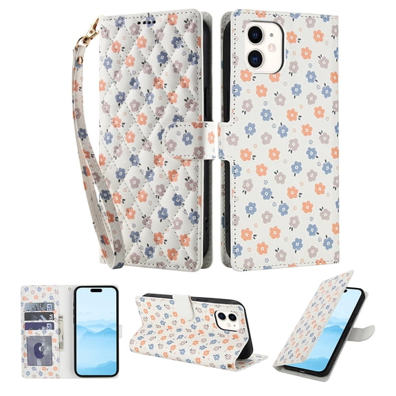 Compatible for iPhone 11 Wallet Case with Wrist Strap, Women Girls Flower Pattern PU Leather Shockproof Protective Folio Cover with Card Holder Kickstand for iPhone 11, Pattern-B