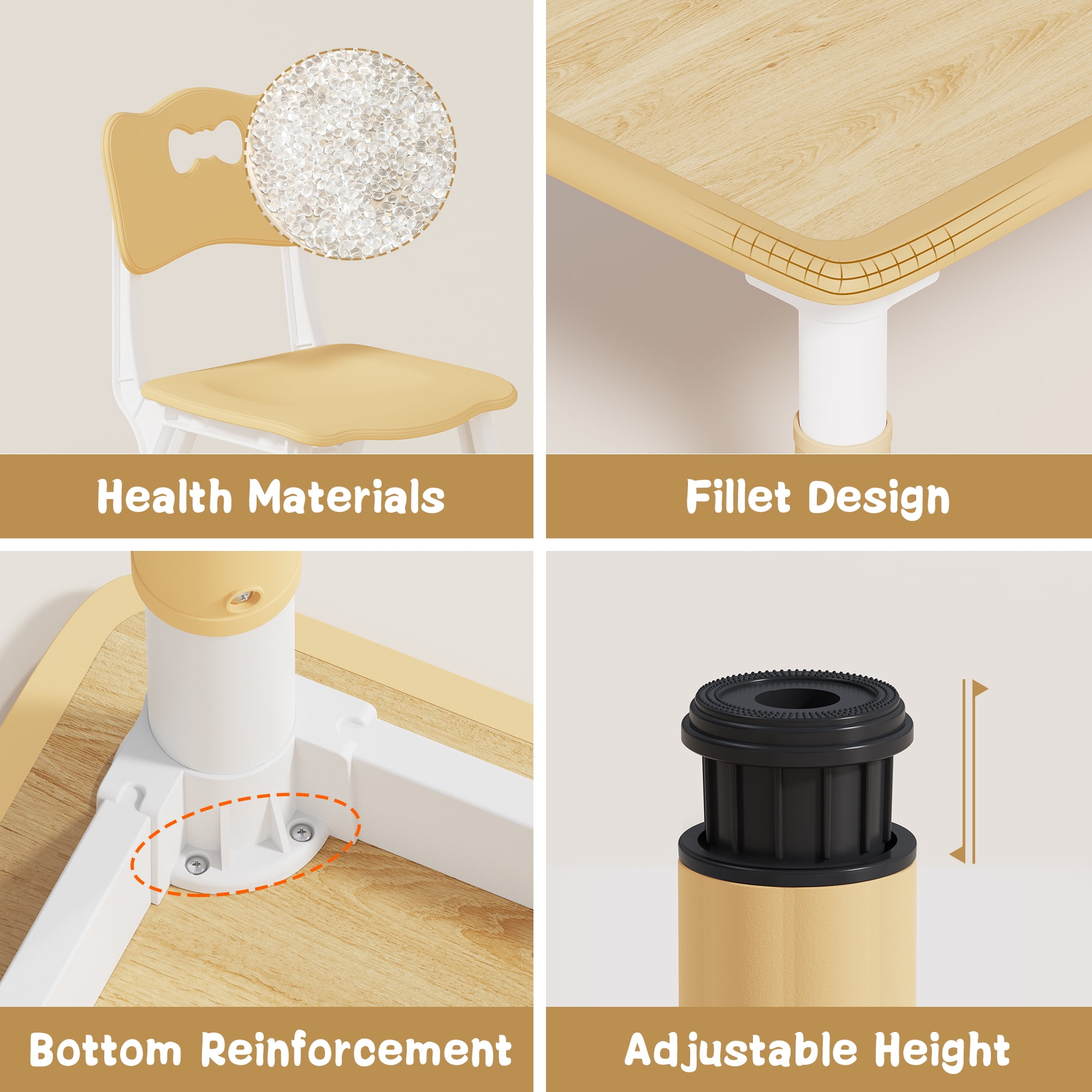 MAVINEX Kids Table and 6 Chairs Set, Height Adjustable, Beige Wood Finish, Toddler Play Table Ages 2-10