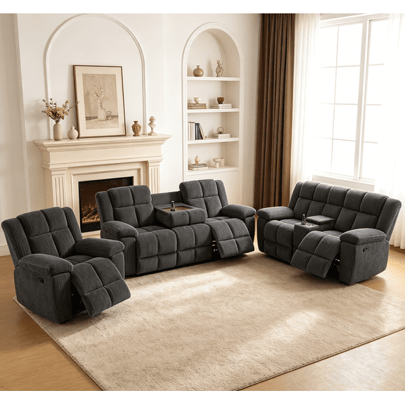 Manual Reclining Sofa Set,Corduroy Recliner Sofa Set with Super Soft Cushion/Storage Console/Drop-down Table/Cup Holders,Recliner Couch Set for Living Room/Theater Seating/Office(3Pcs Set,Gray)
