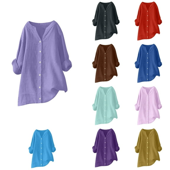 Ahuyic Womens Plus Size Top, Casual Long Sleeve Blouse For Autumns And Winter, Womens Crew Neck Long Sleeve Loose Button Blouse Solid Color Top For Womens