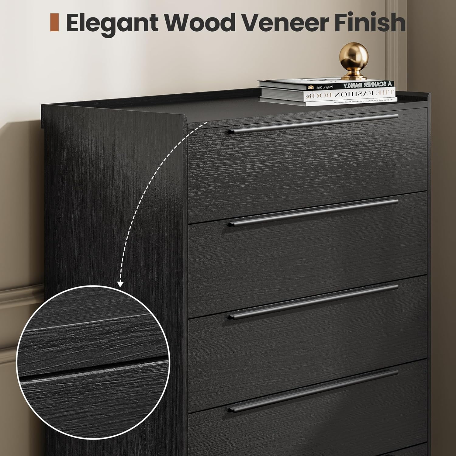 Modern Tall Black 5-Drawer Dresser, 48" Height Storage Cabinet with Metal Handles for Bedroom, Hallway or Living Room