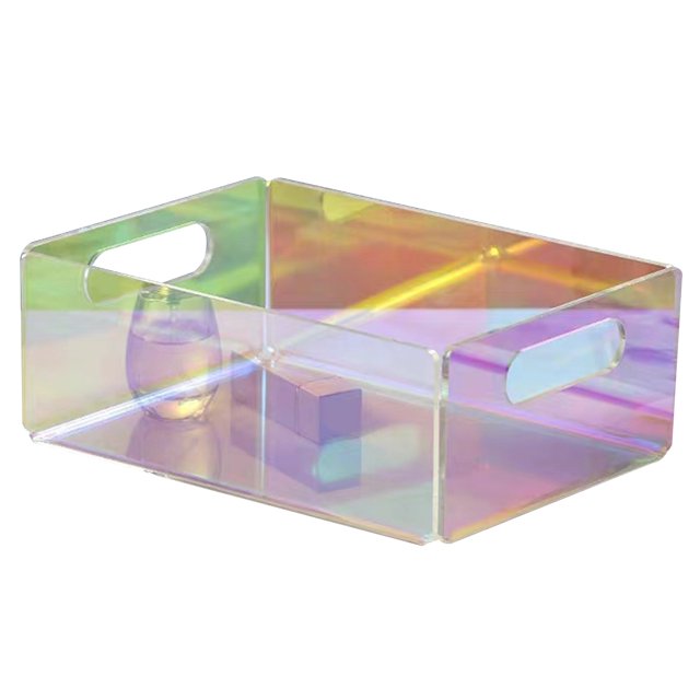 Caja de almacenamiento de acrílico iridiscente con asa hueca, bandeja de maquillaje de escritorio, organizador de pañuelos