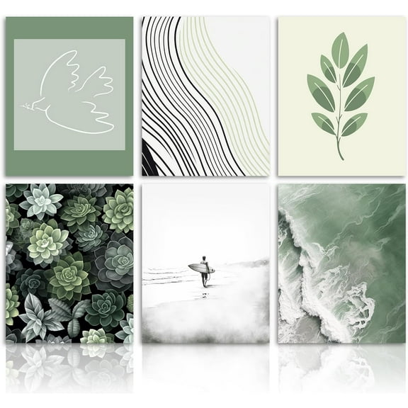 Beach Wall Decor Poster, Sage Green Botanical Prints Abstract Minimalist Wall Poster for Bedroom Living Room Decor 20x30cm Unframed Set of 6