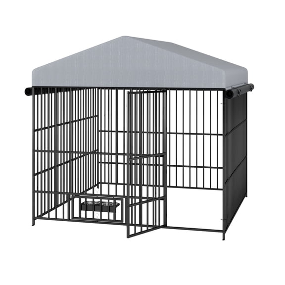 Outdoor Dog Run 6.6 ft – Heavy Duty Metal Kennel & Pet Pen, 3-Side Canopy, Lockable Feeder for Large Dogs
