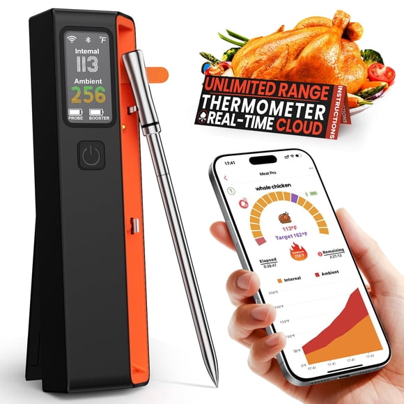UNERVER Thermomètre à Viande Intelligent Sans Fil Bluetooth : Précision 0.5°F, 1 Sonde avec 6 Capteurs - Thermomètre Numérique WiFi avec Base LED, NIST