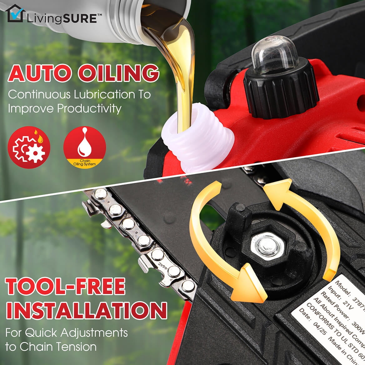 LivingSURE Mini Cordless Rechargeable Chainsaw Kit – 21V Handheld Electric Saw with 2 Batteries, Safety Features & Accessories – Lightweight 6" Bar for Tree Trimming, Firewood & Garden DIY Tasks