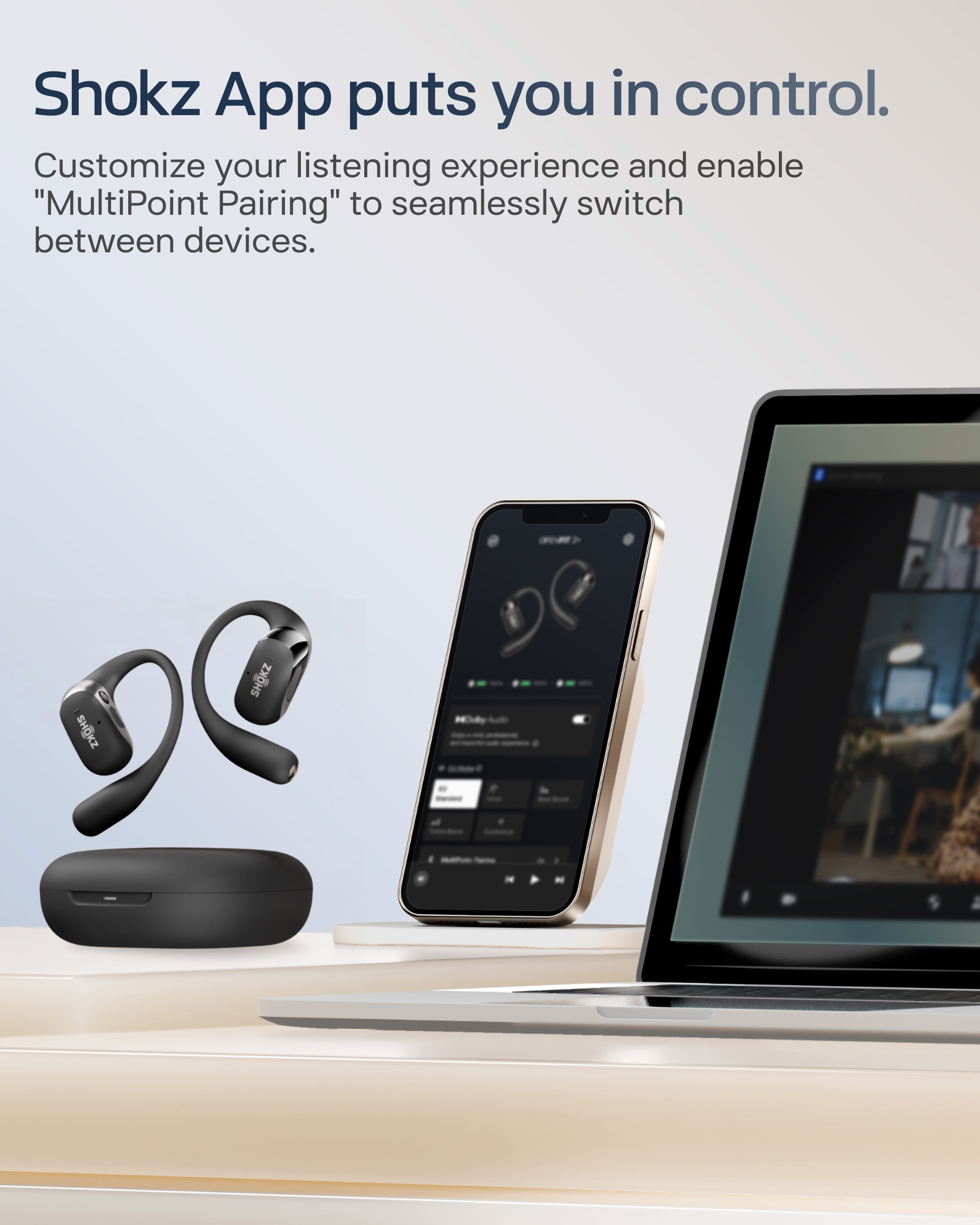 SHOKZ New OpenFit 2+ Open-Ear Headphones, Dolby Audio Enabled, Comfortable Earbuds with Soft Ear Hooks, 48H Playtime, IP55 Water-Resistant, USB-C Fast Charging, Wireless Charging, Black