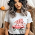 thumbnail image 2 of Let It Snow T-Shirt | Vintage Car with Christmas Tree Graphic Tee, Heliconia, Size L, 2 of 6