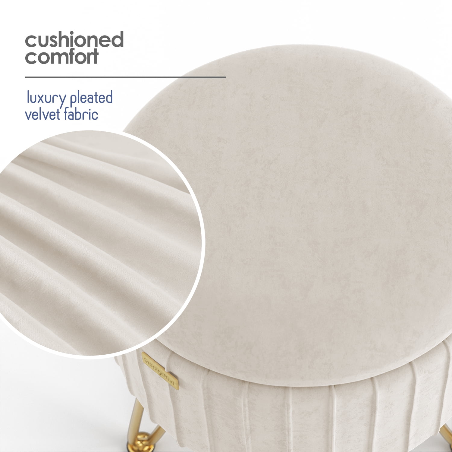 LammaLoe Small Round Ottoman with Storage, Pleated Velvet Ottoman Foot Stool with Lid, Upholstered Vanity Stool for Living Room & Bedroom, Cream