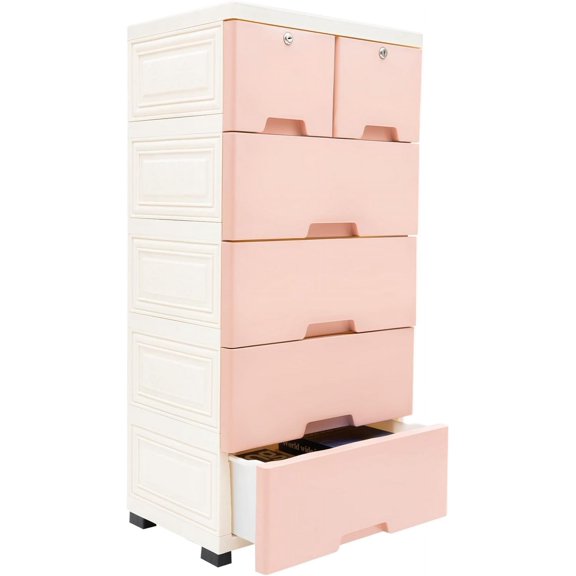 5 Layer Plastic Storage Drawers with 6 Drawers Pink Closet Drawers Dresser Organizer Unit Clothes Storage Bins with Casters Home Bedroom Storage Cabinet Large-Capacity Cabinet