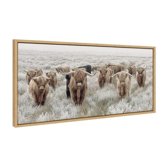 Kate and Laurel Sylvie Herd of Highland Cows Color Framed Canvas Wall Art by The Creative Bunch Studio, 18x40 Natural, Decorative Farmhouse Art for Wall