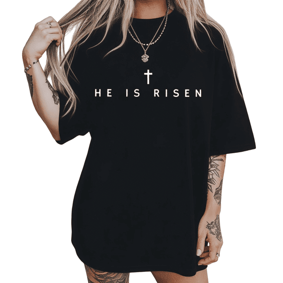 He Is Risen Minimalist Cross Print Tshirt Black S-5XL Devout Resurrection Faith Graphic Tees Shirts Tops