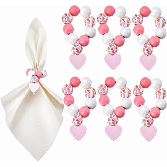 6 Sets Napkin Holder Ring Napkin Rings Set Napkin Ring Beaded Romantic Love Heart Pink Wood Beads Napkin Holders Buckle