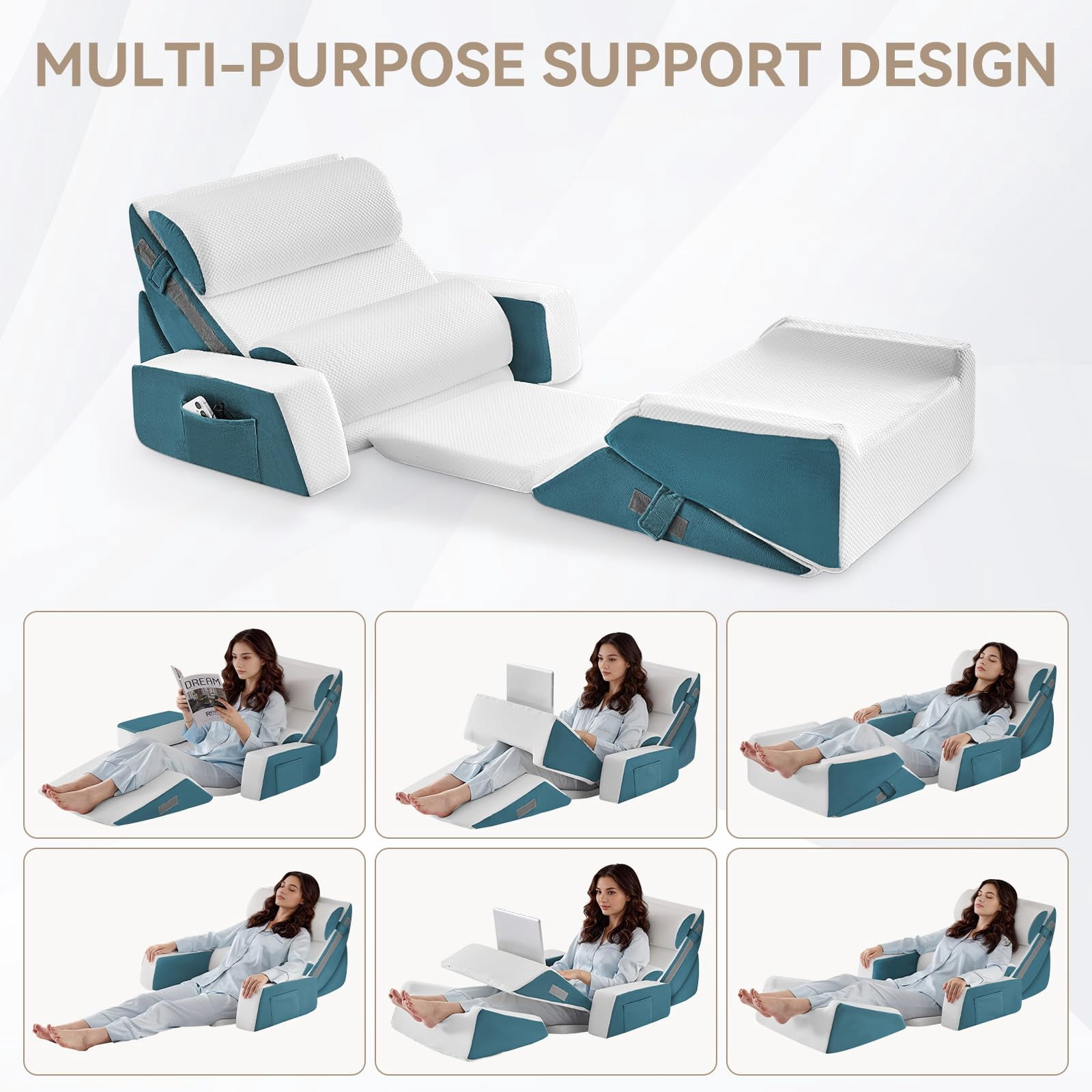9pcs Bed Wedge Pillow Set For Sleeping  And Leg Foam Body Triangle Adjustable Support - Acid Reflux Pillows Navy