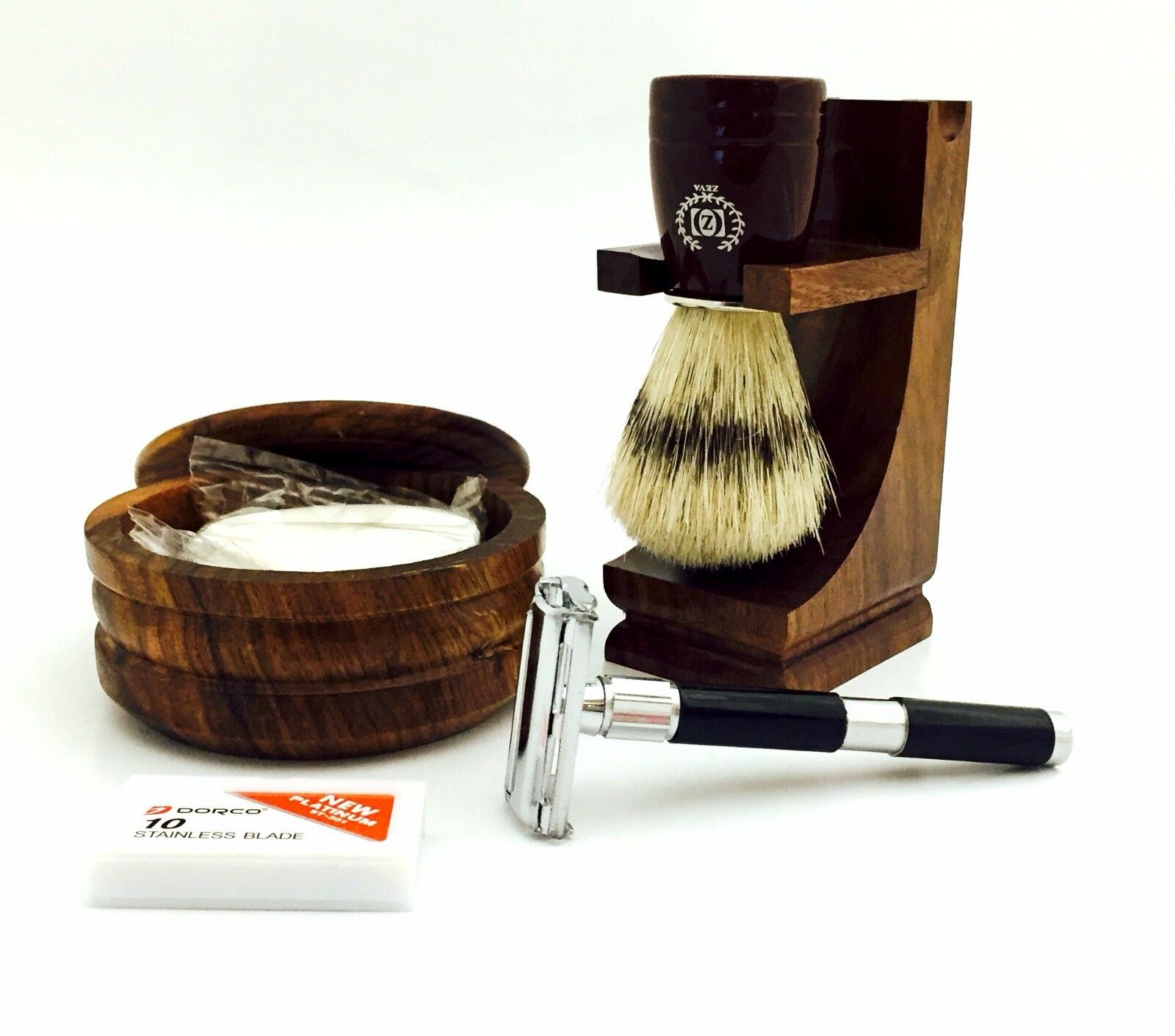 4" DE SAFETY RAZOR WOOD STAND, BRISTLE BRUSH,BOWL,SOAP SHAVING SET IN