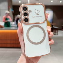 for Samsung Galaxy S24 FE Case for Women Girls [Compatible with Mag Safe] Cute, Magnetic Love Heart Pattern with Camera Lens Protection Plating Shockproof Wireless Charging Phone Case,White